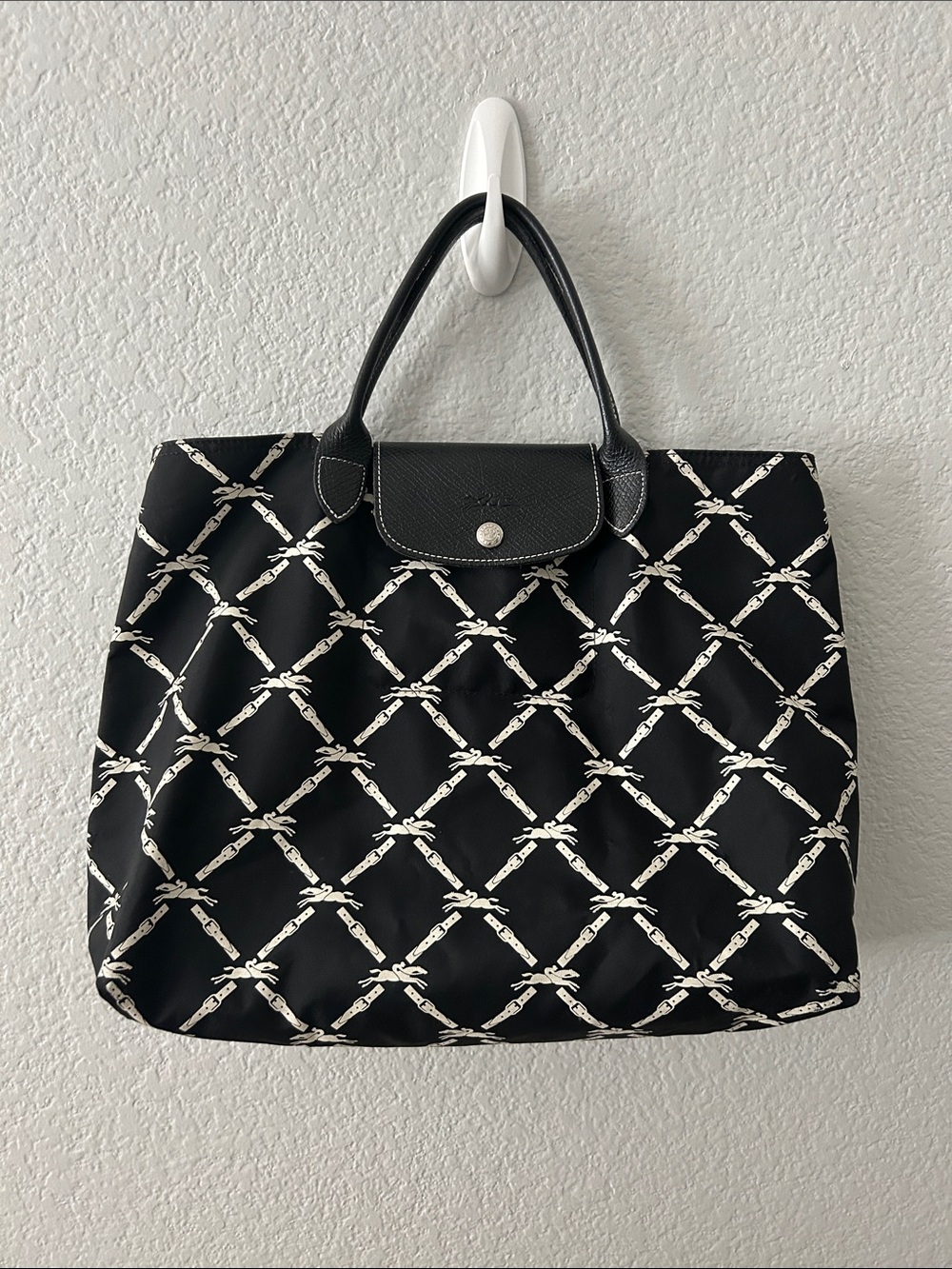 Longchamp Le Pliage Horse Print Vlack and White Nylon Tote